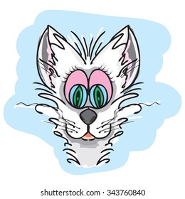 Funny cartoon of cat face. Vector hand drawn illustration