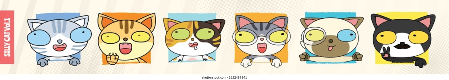Funny Cartoon Cat Faces Collection, Silly Handdrawn Cat Head Illustration Set, Cute and Expressive Kawaii Cat Vector Characters