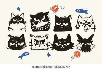 Funny Cartoon Cat Faces Vector – Cute Hand Drawn Angry Kittens Doodle Style Illustration Set