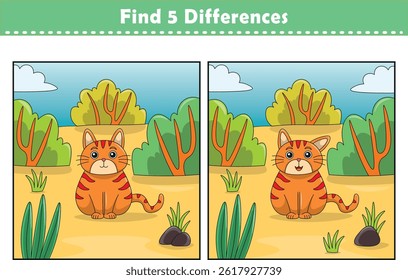 Funny cartoon cat. Find 5 differences. Kids Education games. Cartoon vector illustration