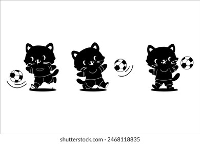 Funny cartoon cat football player character black and white silhouette