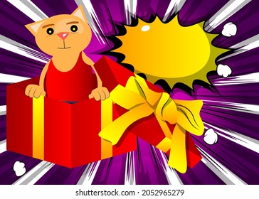 Funny cartoon cat in a gift box. Vector illustration. Cute orange, yellow haired young kitten.