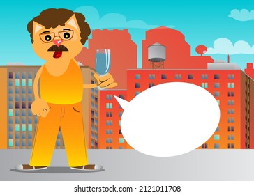 Funny cartoon cat with a glass of water. Vector illustration. Cute orange, yellow haired young kitten.