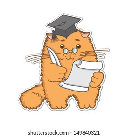 funny cartoon cat is a graduate student with pen and paper