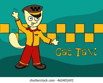 Funny cartoon cat hand-drawn on a green background. Taxi driver. Vector illustration