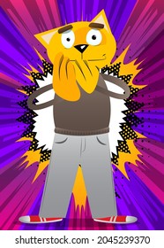 Funny cartoon cat with hands over mouth. Vector illustration. Cute orange, yellow haired young kitten.