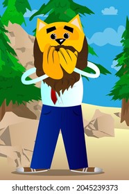 Funny cartoon cat with hands over mouth. Vector illustration. Cute orange, yellow haired young kitten.
