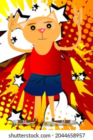 Funny cartoon cat with hands in rocker pose. Vector illustration. Cute orange, yellow haired young kitten.