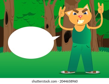 Funny cartoon cat with hands in rocker pose. Vector illustration. Cute orange, yellow haired young kitten.