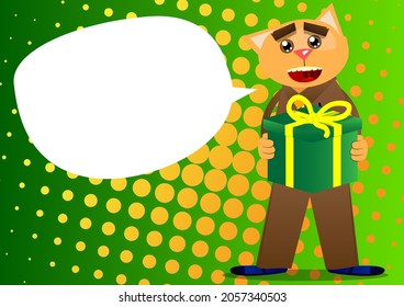 Funny cartoon cat holding big gift box. Vector illustration. Cute orange, yellow haired young kitten.