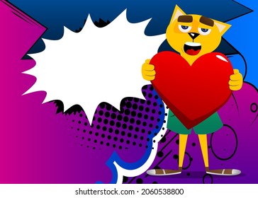 Funny cartoon cat holding big red heart. Vector illustration. Cute orange, yellow haired young kitten.