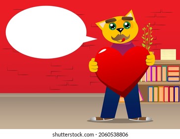 Funny cartoon cat holding big red heart. Vector illustration. Cute orange, yellow haired young kitten.