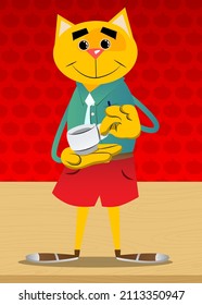 Funny cartoon cat holding a cup of coffee. Vector illustration. Cute orange, yellow haired young kitten.