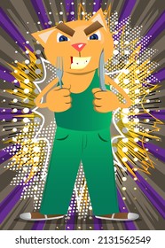 Funny cartoon cat holding up a knife and fork. Vector illustration. Cute orange, yellow haired young kitten.