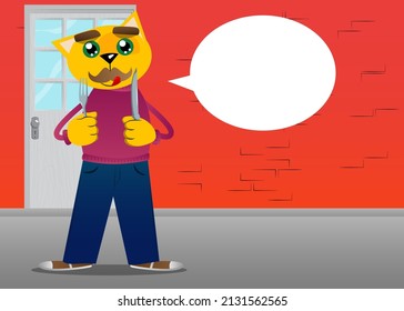 Funny cartoon cat holding up a knife and fork. Vector illustration. Cute orange, yellow haired young kitten.