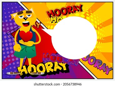 Funny cartoon cat holding red heart in his hand. Vector illustration. Cute orange, yellow haired young kitten.