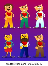 Funny cartoon cat holding red heart in his hand. Vector illustration. Cute orange, yellow haired young kitten.