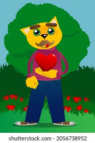 Funny cartoon cat holding red heart in his hand. Vector illustration. Cute orange, yellow haired young kitten.
