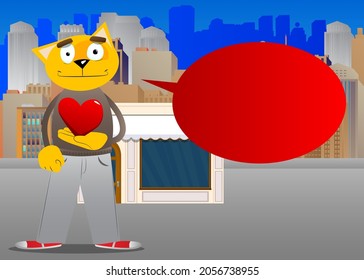 Funny cartoon cat holding red heart in his hand. Vector illustration. Cute orange, yellow haired young kitten.