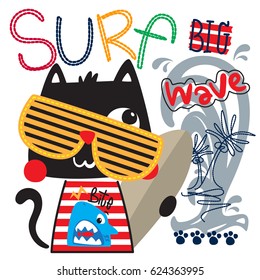 Funny cartoon cat holding surfboard with big wave isolated on white background illustration vector.