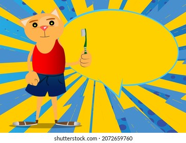 Funny cartoon cat holding toothbrush. Vector illustration. Cute orange, yellow haired young kitten.