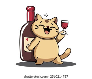 Funny Cartoon Cat Holding a Wine Glass and Bottle for a Playful Party Theme Illustration. Vector illustration