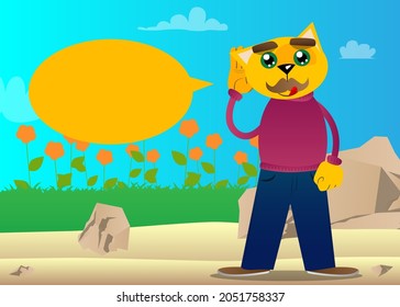 Funny cartoon cat holds hand at his ear, listening. Vector illustration. Cute orange, yellow haired young kitten.