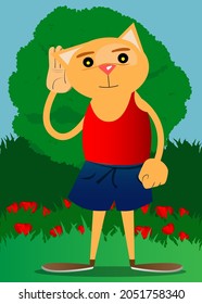Funny cartoon cat holds hand at his ear, listening. Vector illustration. Cute orange, yellow haired young kitten.