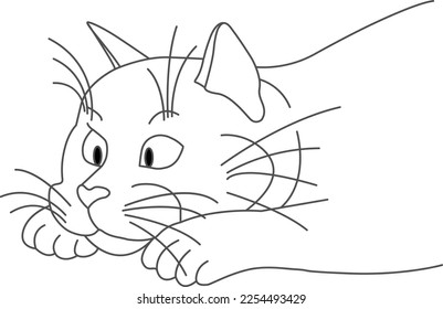 Funny Cartoon Cat Hunt. Contour Black and White Silhouette