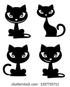 Funny cartoon Cat icons, blacks  silhouette. Vector set