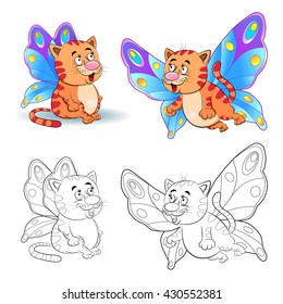 Funny cartoon cat image of a butterfly. Sitting and flying. Coloring book.