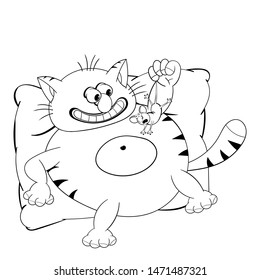 Funny cartoon cat is lying on the pillow, smiling and holding a mouse in its paw. Funny coloring in the style of comics.