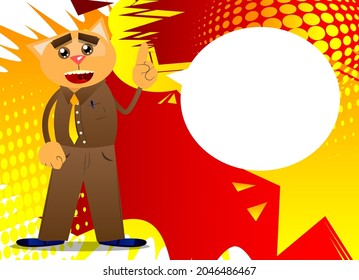 Funny cartoon cat making a point. Vector illustration. Cute orange, yellow haired young kitten.