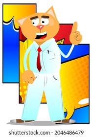 Funny cartoon cat making a point. Vector illustration. Cute orange, yellow haired young kitten.