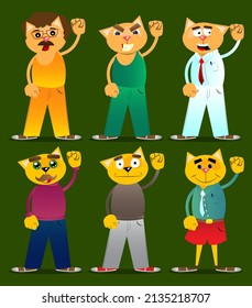 Die lustige Cartoon Katze, die Macht an die Menschen erste Geste. Vektorgrafik. Cute orange, gelb haarige junge Kätzchen.