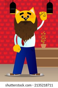 Funny cartoon cat making power to the people fist gesture. Vector illustration. Cute orange, yellow haired young kitten.