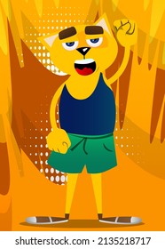 Funny cartoon cat making power to the people fist gesture. Vector illustration. Cute orange, yellow haired young kitten.