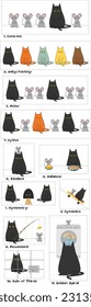 A funny cartoon with cat and mouse vector characters, who are trying to explain rules of composition in graphic design but in more humourous playful way.