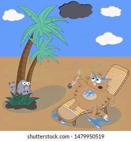 funny cartoon cat on vacation in the desert sits on a couch, eats a fish and gets wet in the rain.