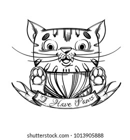 Funny cartoon cat. Outline vector illustration isolated on white background.
