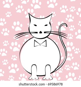 Funny cartoon cat over paws background