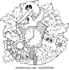 Funny cartoon Cat & Owl with a cuckoo clock, happy moments New Year celebration, vector doodle stock illustration, black and white print for greeting / invitation card, coloring, book, t-shirt, fabric