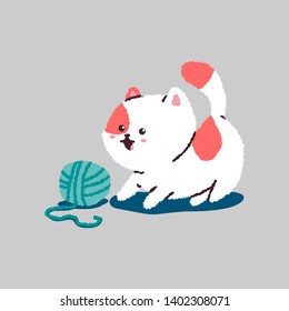 Funny cartoon cat playing with ball of thread. Vector pet character isolated on background.