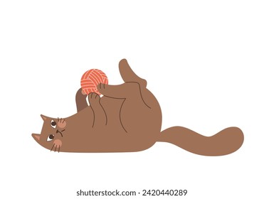 Funny cartoon cat playing with a ball of thread. Cute domestic animal isolated on a white background. Vector illustration with a pet in a flat style.