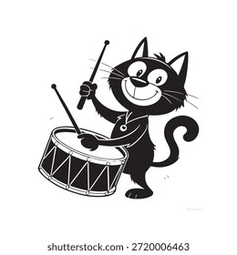 Um gato de desenho animado engraçado brincando com uma bola enquanto um rato e crianças desfrutam de música e bateria em uma ilustração colorida