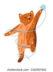 Funny cartoon cat playing and jumping with blue ribbon tinsel thread. Cute domestic playful pet isolated on the white background. Vector illustration in modern, contemporary flat doodle design. 