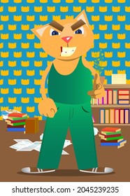 Funny cartoon cat pointing at the viewer with his hand. Vector illustration. Cute orange, yellow haired young kitten.