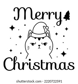 Funny cartoon cat with Santa Claus hat. Black and white coloring page. Hand drawn doodle pet.  Merry Christmas text. Vector illustration for t-shirt design and greeting card.