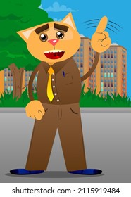 Funny cartoon cat saying no with his finger. Vector illustration. Cute orange, yellow haired young kitten.