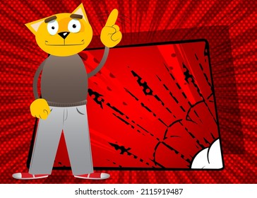 Funny cartoon cat saying no with his finger. Vector illustration. Cute orange, yellow haired young kitten.